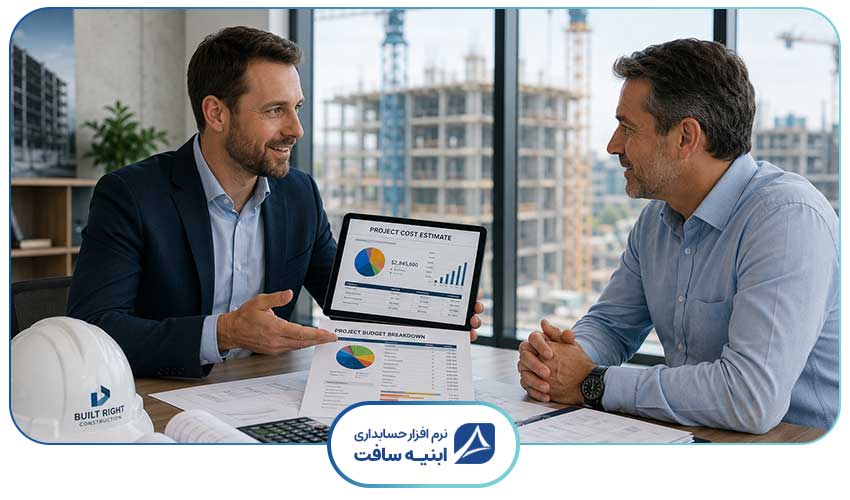 2 مرد که دارند اصول برآورد هزینه پروژه را انجام می دهند.