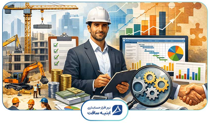 تصویر مفهومی از مدیریت پیچیدگی پروژه های پیمانکاری با تمرکز بر برنامه ریزی مالی تیم و نرم افزار