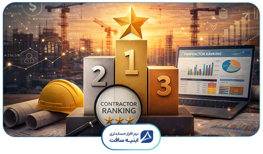 تصویری که اهمیت رتبه پیمانکاری را نشان می دهد؛ شامل نمودارهای مالی، اسناد پروژه و یک سکوی رتبه بندی یک تا سه که سطح توانایی شرکت ها در اجرای پروژه های عمرانی را مشخص می کند.