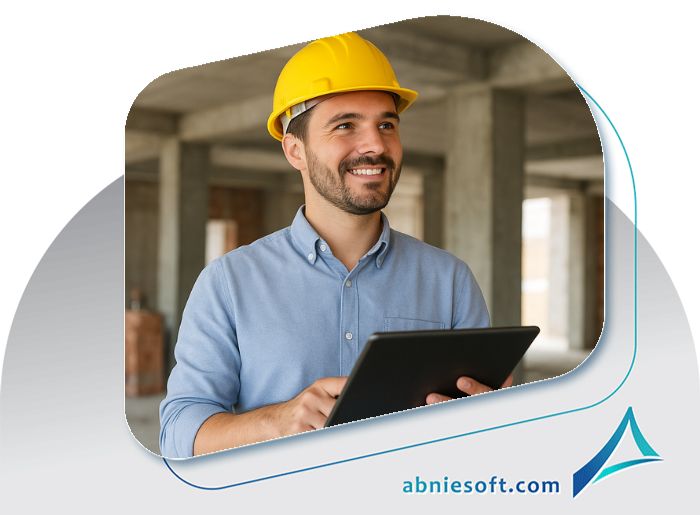 تصویر سازنده ای که تبلت دارد و در محیط کارگاهی است و از برآورده شدن انتظارات سازندگان از نرم‌افزار حسابداری راضی است.