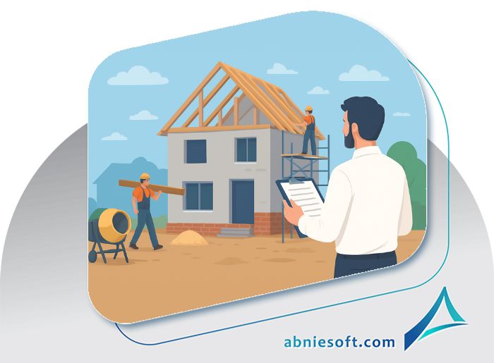 تصویر گرافیکی از فردی که درحال نظارت بر کار کارگران و مدیریت پیمانکاران جزء است.