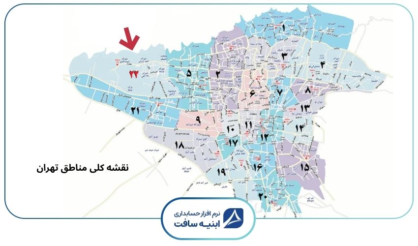 نقشه کلی مناطق تهران با تمرکز ویژه بر ساخت‌وساز در منطقه 22