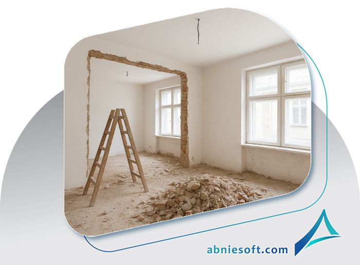 نمایی داخلی از خانه ای درحال تخریب و بازسازی برای بیان نکات مهم بازسازی ساختمان
