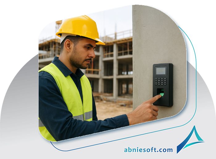 تصویر کارگر ساختمانی که درحال ثبت اثر انگشت در دستگاهی است که ثبت کارکرد کارگران را انجام می‌دهد.