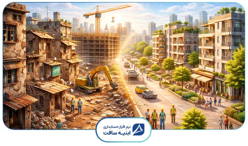 تصویری مفهومی که نشان می دهد کارگران دارند بخشی از شهر را بازسازی می کنند
