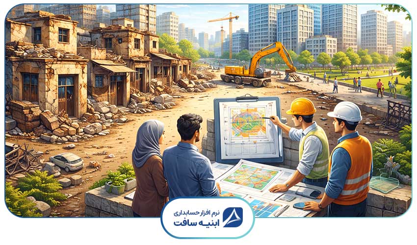تصویری که نشان میده کارگران و مهندسان پروژه دارند برای بازسازی بافت فرسوده ی شهر تلاش می کنند