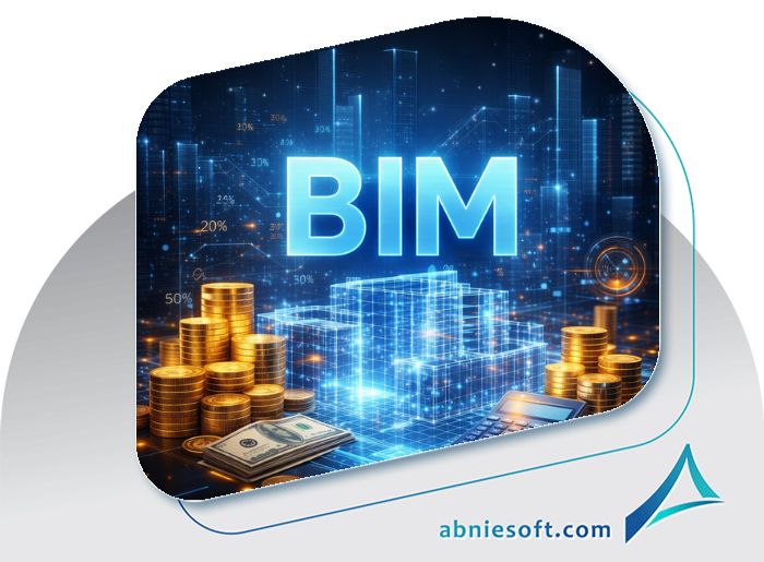 تصویری از شماتیک گرافیکی ساختمان ها و پول ها که نشان دهنده هزینه اجرای BIM در پروژههای ساختمانی است.