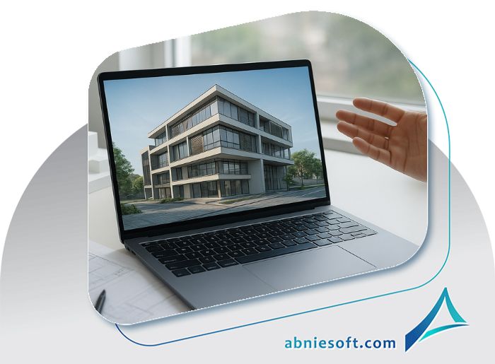 تصویر یک لپ تاپ که ساختمانی طراحی شده با هوش مصنوعی در معماری را نشان می‌دهد.