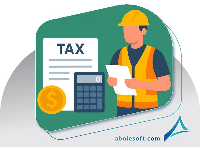 تصویر گرافیکی از پیمانکاری کنار ماشین حساب، که نشان دهنده محاسبه مالیات پیمانکاری ساختمان است.