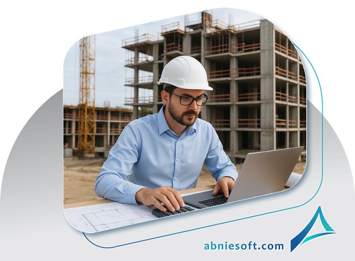 تصویری از پیمانکاری که درحال استفاده از لپ تاپ و نرمافزار حسابداری پیمانکاری آنلاین است