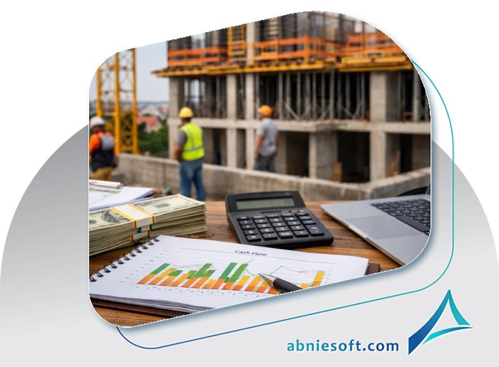 تصویری از محیط کارگاه ساختمانی و نمودارها و ماشین حساب که نمایانگر اهمیت مدیریت نقدینگی در پروژههای ساختمانی است.